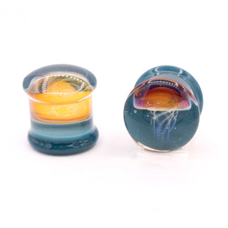 Glass jellyfish plugs with amber jelly 7/16 (11mm) D. Aqua DF