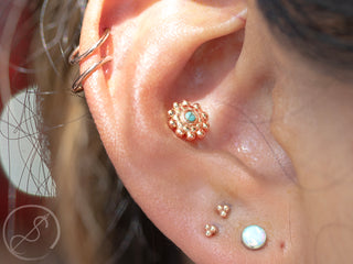 3-ball triangle threadless end in 14k rose gold, small/2mm