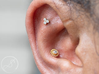 Trio threadless end in rose gold with 1.5mm gems, special order colors