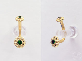 J-curve in yellow gold with tsavorite garnet ipsa ends, 16g, 5/16”