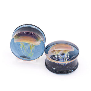 Glass jellyfish plugs with amber jelly 1in (26mm) Trans Sparkle Blue DF