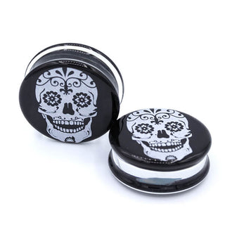 Glass sugar skull plug, white on black, 1-1/4" (32mm), DF