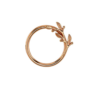 Amity nipple-facing seam ring with left facing branch in 14k rose gold, 16g 3/8"