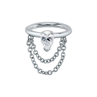Call Me! seam ring with pear CZ and chain in 14k white gold, 16g 1/2"