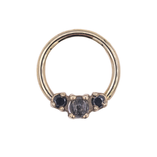 Ceri seam ring with tourmalinated quartz and black diamonds in white gold, 16g 3/8”