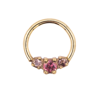 Ceri seam ring with umbalite garnet and padparascha sapphire in yellow gold, 16g 3/8”