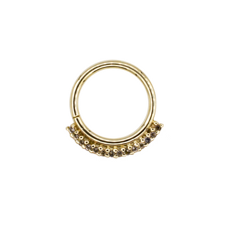Dahlia seam ring in 14k yellow gold and smokey quartz, 16g 3/8”