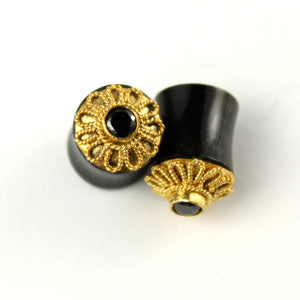 Horn plugs with gold-plate and garnet inlay, 0g (8mm), pair
