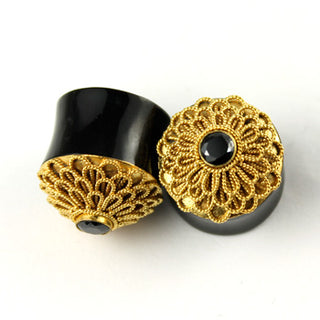 Horn plugs with gold-plate flower and garnet inlay , 5/8" (16mm)