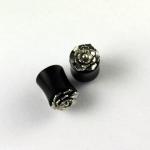 Horn plugs with silver flower inlay, 0g (8mm), pair