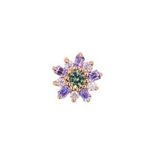 Elaine with tanzanite, diamond, grey sapphire in rose gold, threaded for 16g
