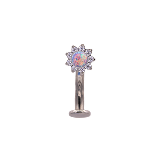 Floating navel curve with lavender opal prong flower in titanium, 12g