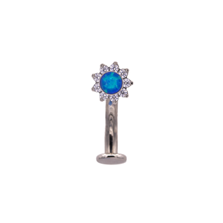 Floating navel curve with blue opal prong flower in titanium, 12g