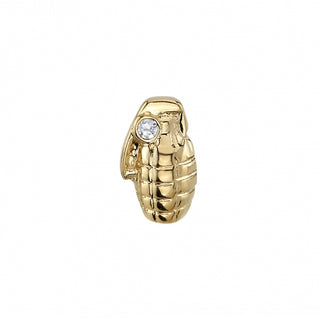 Hand Grenade threadless end with flush set 1mm white CZ in 14k yellow gold, 6mm overall