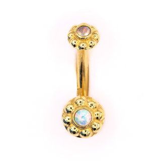 J-curve in yellow gold with ipsa ends and white opal gems, 16g, 5/16”