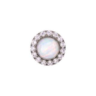 Pave halo end with white opal and CZ gems in titanium, threaded for 14g & 12g