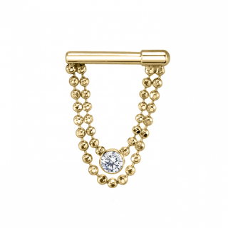 Riel ring with bead chain and 1.5mm bezel CZ gem in yellow gold, 16g 5/16″