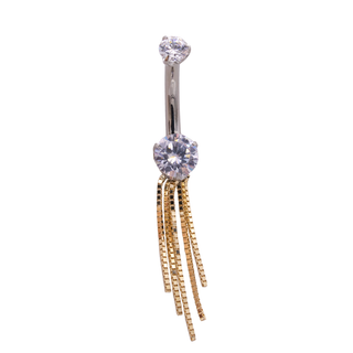 Curved barbell with prong-set faceted gems in titanium and yellow gold chains, 12g