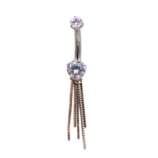 Curved barbell with prong-set faceted gems in titanium and white gold chains, 12g