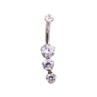 Curved barbell with prong-set faceted gems and double bottom dangle in titanium, 12g