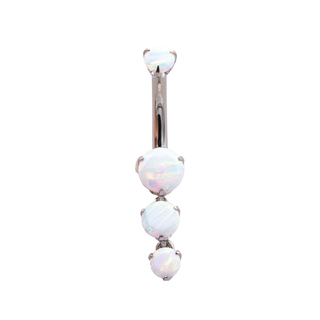 Curved barbell with prong-set faceted opal gems and double bottom dangle in titanium, 12g