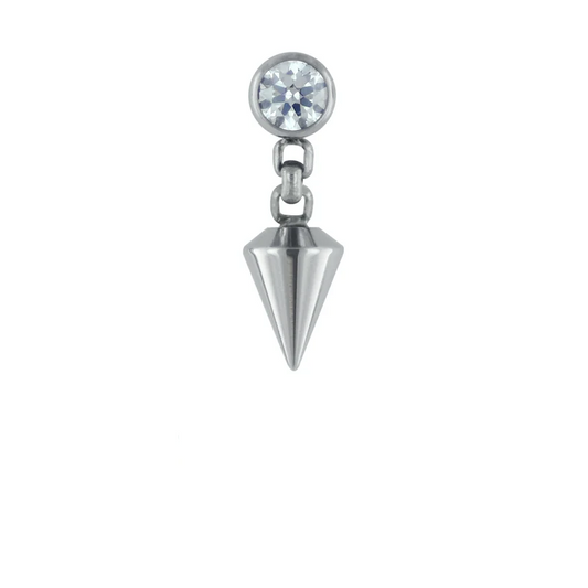 Bezel-set 3mm threadless gem end with spear dangle on 1/8" chain in titanium