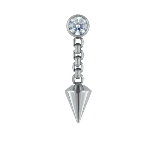 Bezel-set 3mm threadless gem end with spear dangle on 1/4" chain in titanium