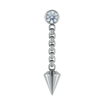 Bezel-set 3mm threadless gem end with spear dangle on 3/8" chain in titanium