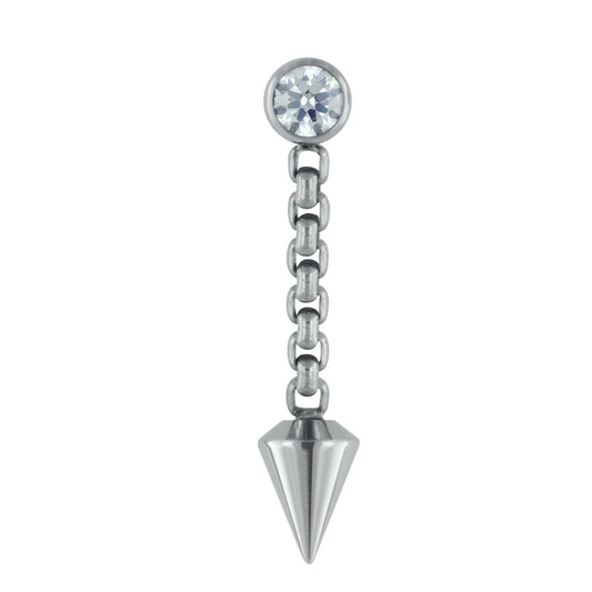 Bezel-set 3mm threadless gem end with spear dangle on 3/8" chain in titanium