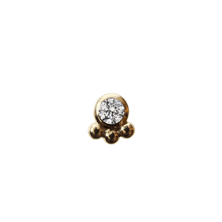 Threadless Dani end with 2mm bezel set diamond and 3 gold beads in 14k yellow gold