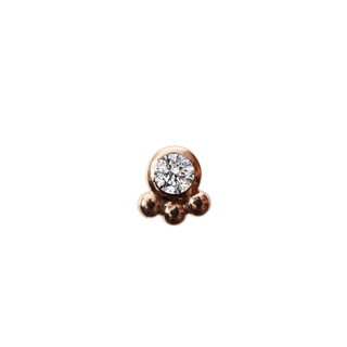 Threadless Dani end with 2mm bezel set diamond and 3 gold beads in 14k rose gold
