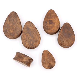 Teardrop plugs in amboyna burl wood, 7/8" (22mm)