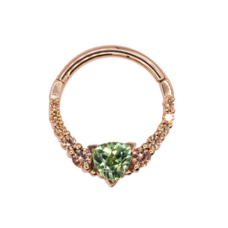 Carina hinge ring in rose gold with trillion seafoam tourmaline and champagne sapphire, 16g 3/8