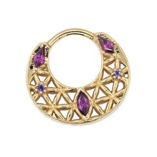 Cosmic Owl hinged ring in yellow gold rhodolite and iolite gems, 16g 5/16"