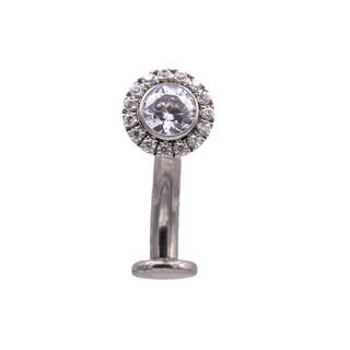 Floating navel curve with CZ pave halo top in titanium, 12g