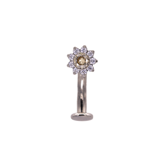 Floating navel curve with champagne prong flower in titanium, 12g