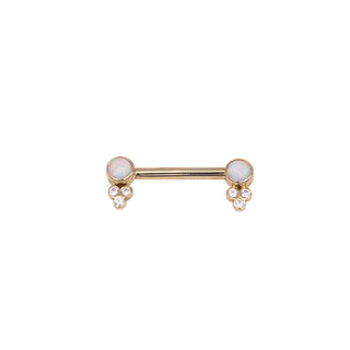 Gemmed barbell with opal and tri-bezel CZ in rose gold, 12g 9/16"