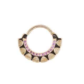 Cirrus hinged ring with rutilated quartz and rhodolite in rose gold, 16g 3/8"