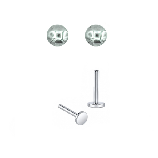 Pair of white gold dome earrings with gold posts for new piercings