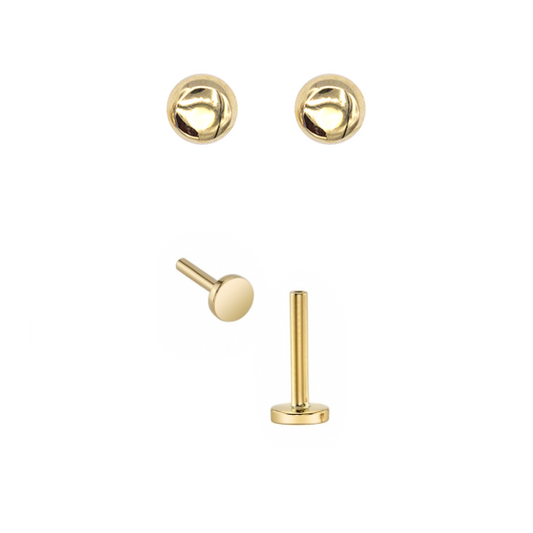 Pair of yellow gold dome earrings with gold posts for new piercings