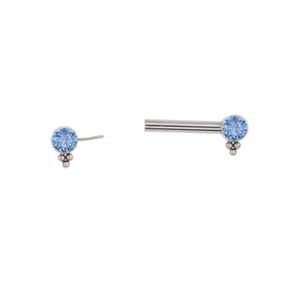 Threadless nipple bar with arctic blue gems and beaded accent in titanium, 12g