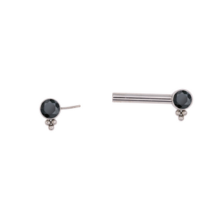 Threadless nipple bar with black CZ gems and beaded accent in titanium, 12g