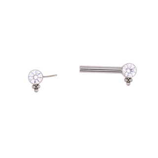Threadless nipple bar with white CZ gems and beaded accent in titanium, 12g