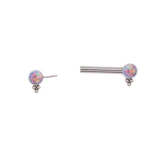 Threadless nipple bar with lavender opal gems and beaded accent in titanium, 12g