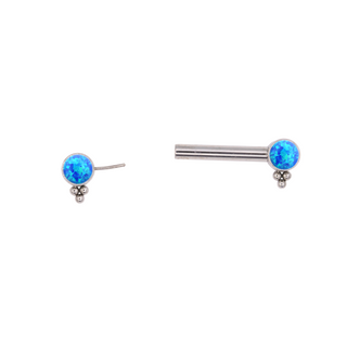 Threadless nipple bar with blue opal gems and beaded accent in titanium, 12g