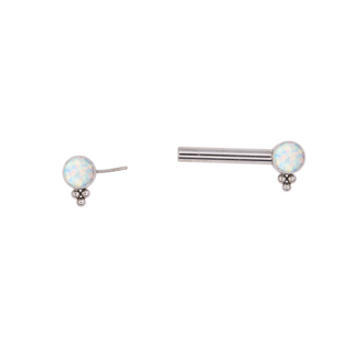 Threadless nipple bar with white opal gems and beaded accents in titanium, 12g