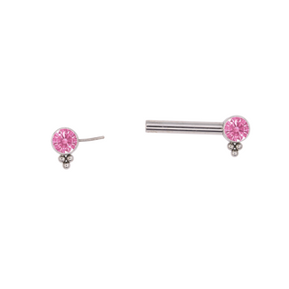 Threadless nipple bar with pink gems and bead accent in titanium, 12g