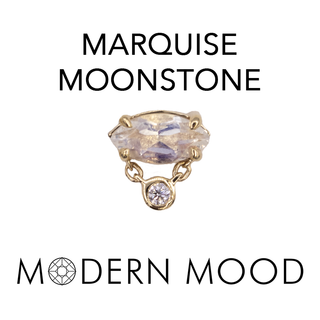 Threadless horizontal marquise moonstone with bezel diamond on a chain in yellow gold