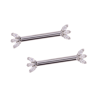 Straight barbell with CZ marquise fans in white gold, 12GA 9/16"