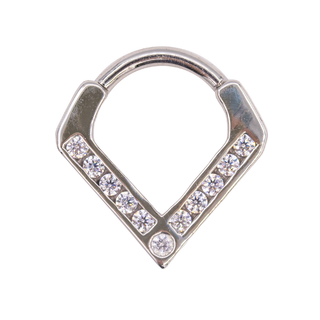 Muir V-shaped hinge ring with CZ gems in white gold, 16g 5/16